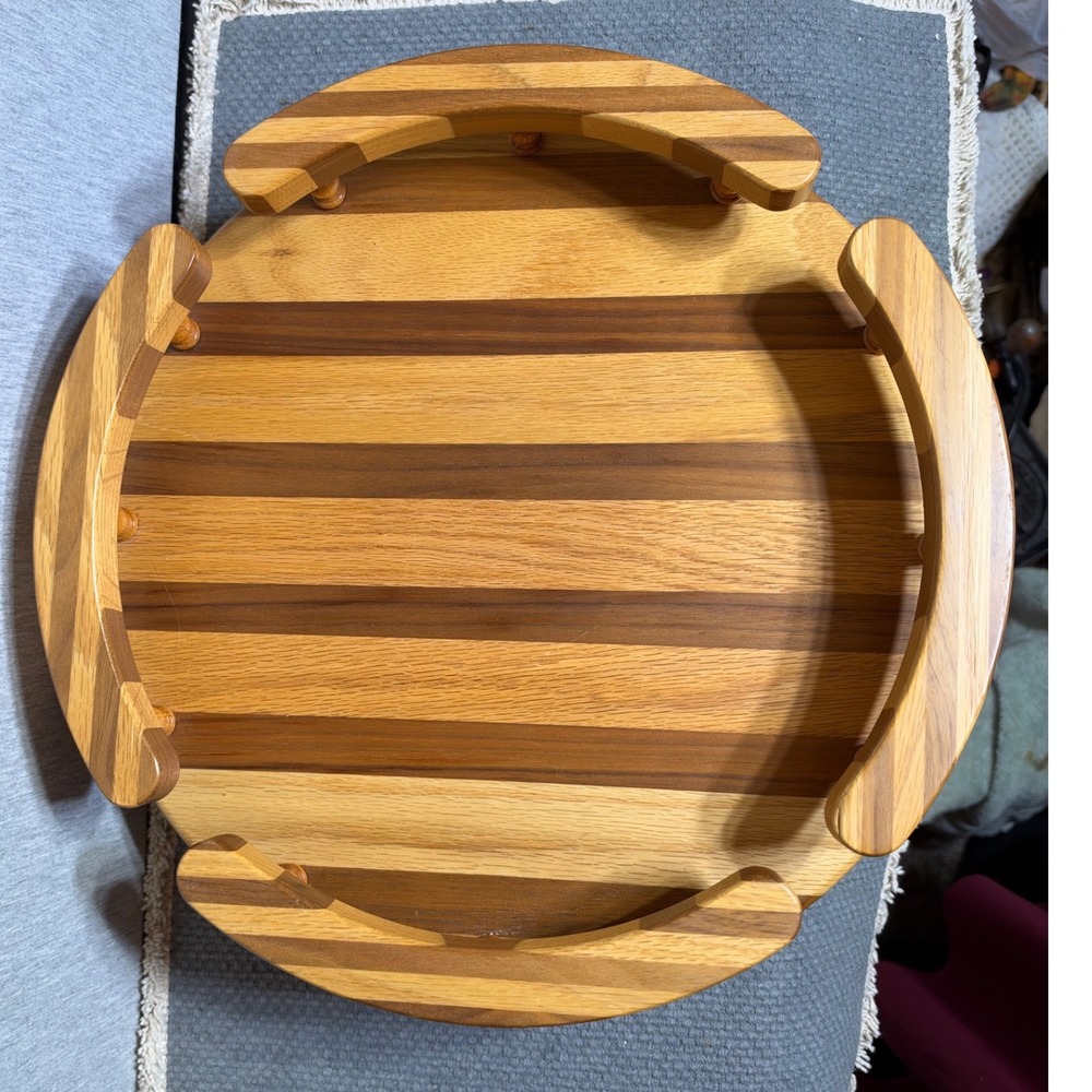 Handcrafted Striped Multi Wood Lazy Susan Round Turn Table 14" Rustic Farmhouse